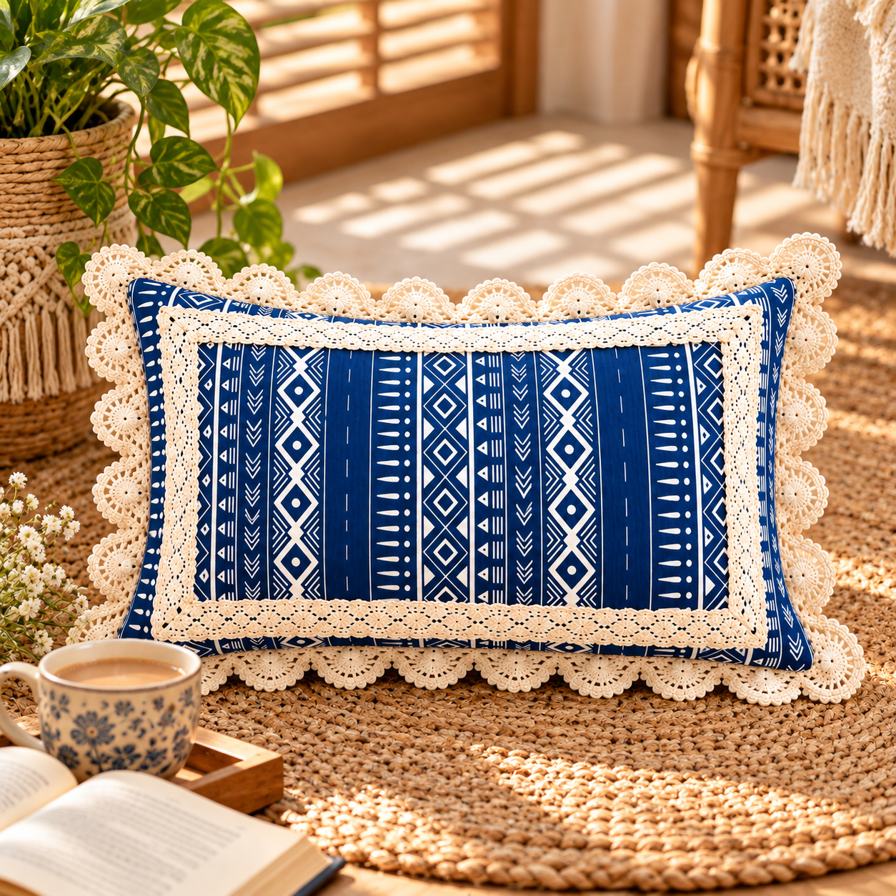 Navy Blue Tribal Crochet Boho Cushion 12x24 Inches| Rectangle