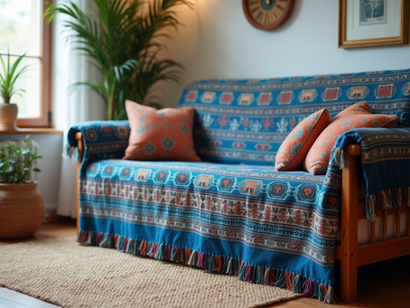 Enhance Your Living Room with a Blue Tribal Printed Sofa Cover and Multicolor Tassels