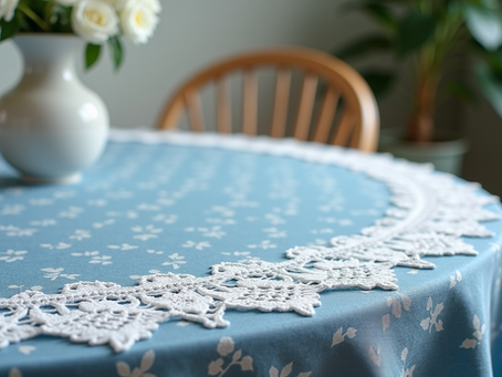 Blue Printed Table Covers with Lace Accents Enhance Your Home's Aesthetic Elegance