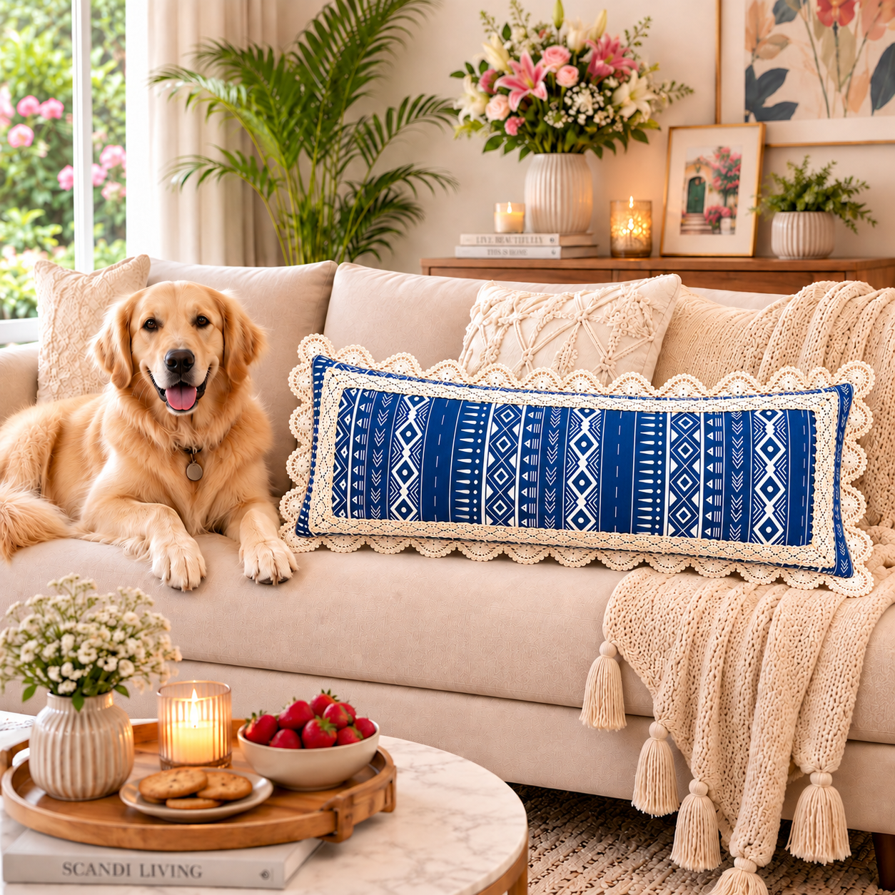 Navy Blue Tribal Crochet Boho Cushion 14x30 Inches| Rectangle