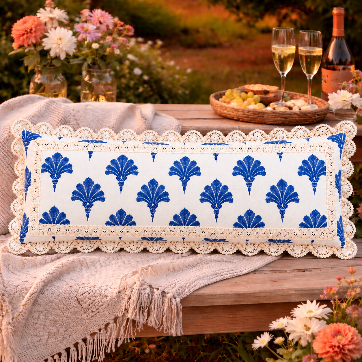 Blue & White Palm Leaf Crochet Lace Cushion Cover 14x36 Inches| Rectangle