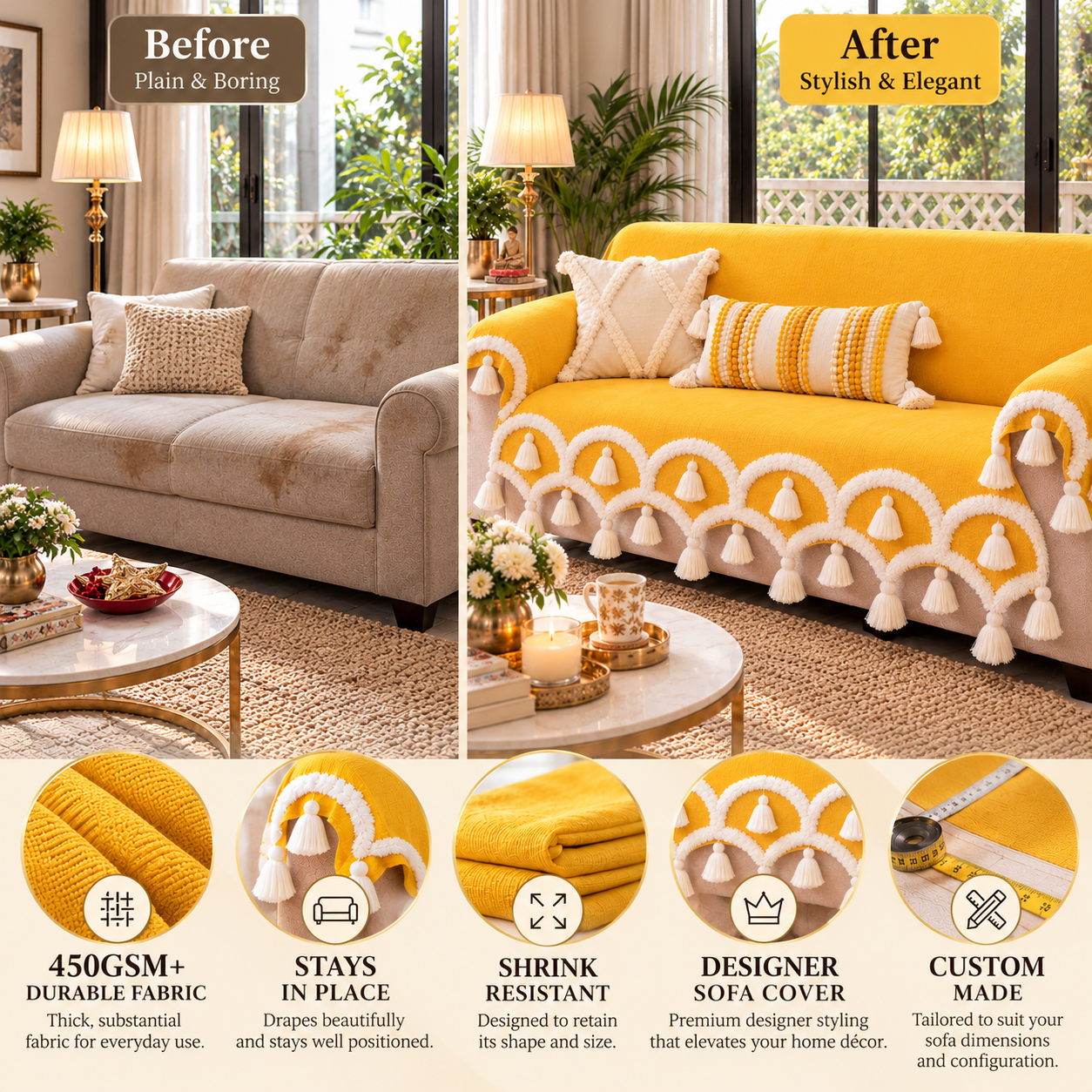 Yellow Arche 3 Seater Sofa Cover With Tassels|Diwali