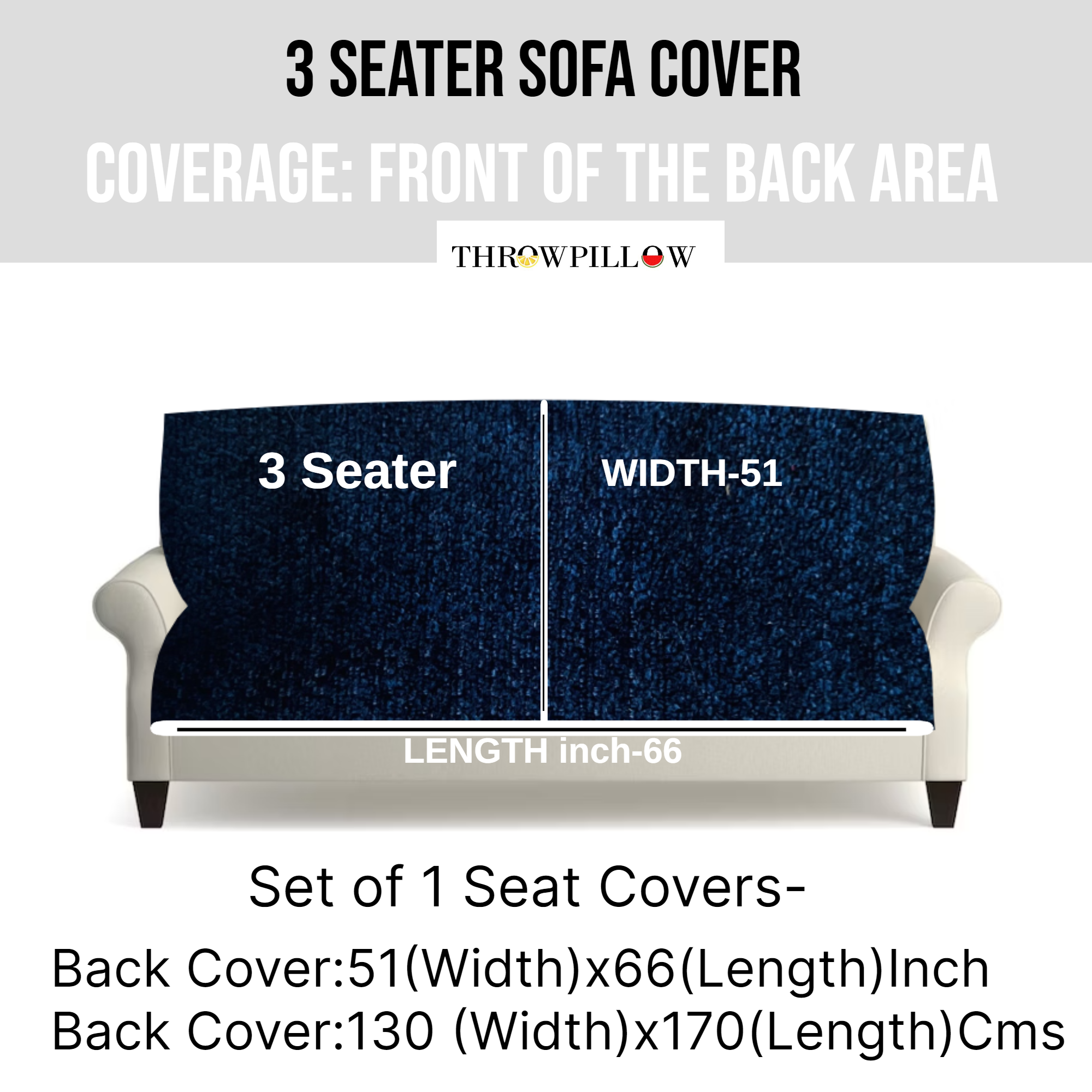 Three-Seater Sofa Cover: Customizable Navy Blue Seat & Back Cover