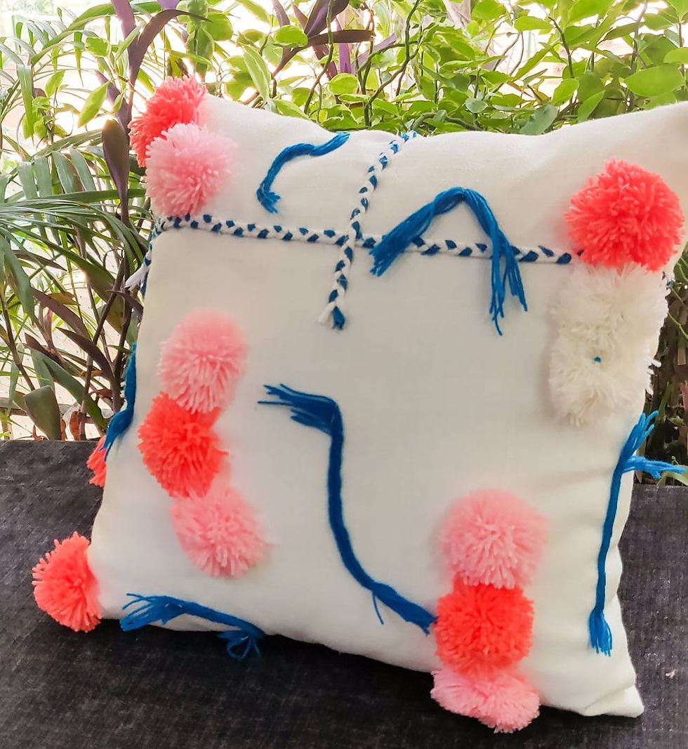 Thumbnail: Boho Blend Square Cushion with Pink & Peach Pom Poms