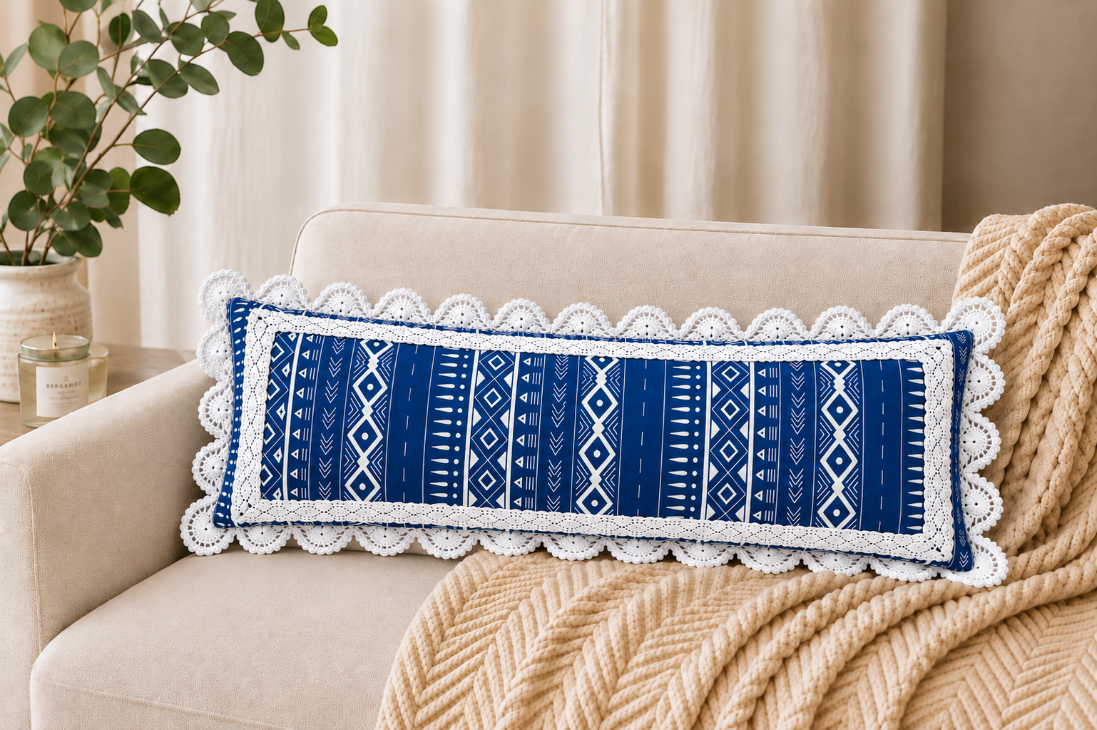 Navy Blue Tribal Crochet Boho Cushion 14x24 Inches| Rectangle