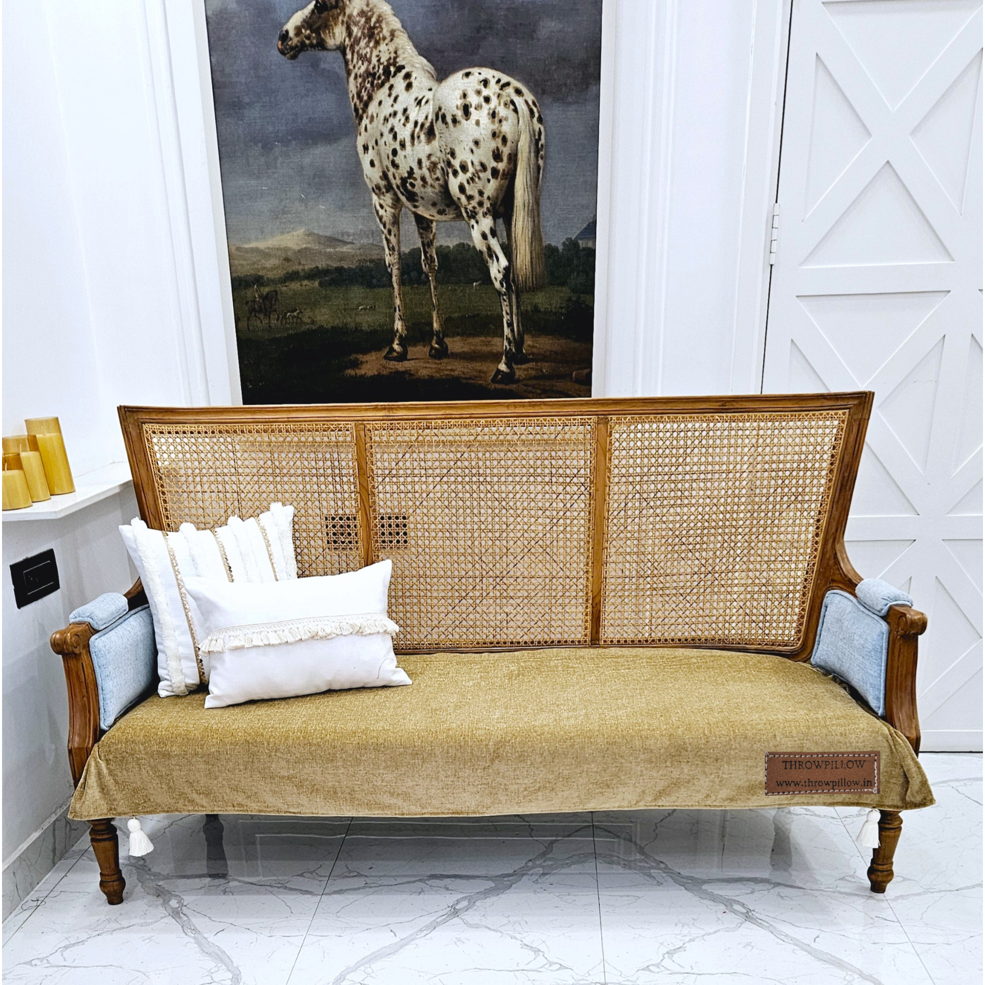 Customisable Solid Anti Slip 3 Seater Sofa Seat Cover- Corner Tassel