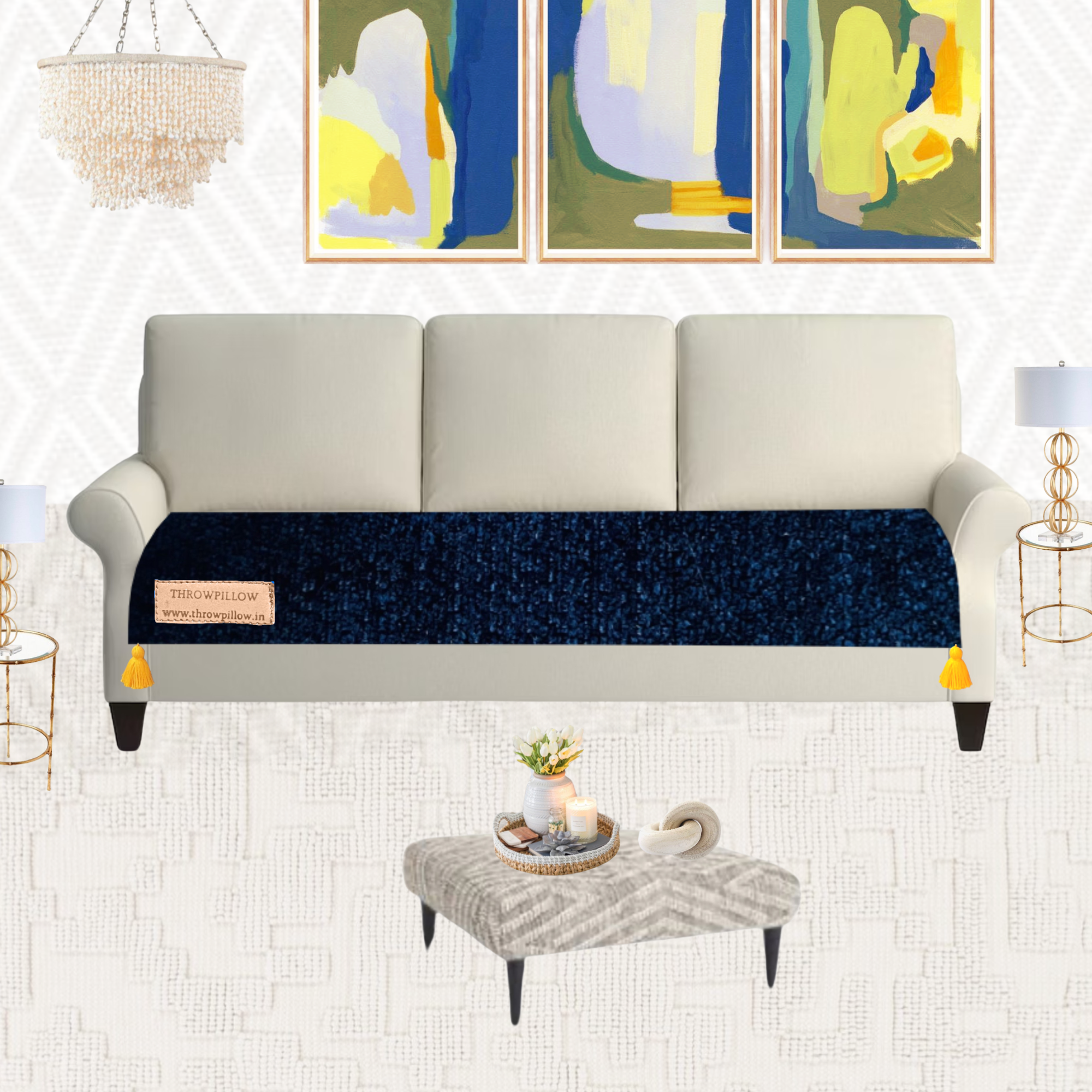 Customisable Solid Anti Slip 3 Seater Sofa Seat Cover- Corner Tassel