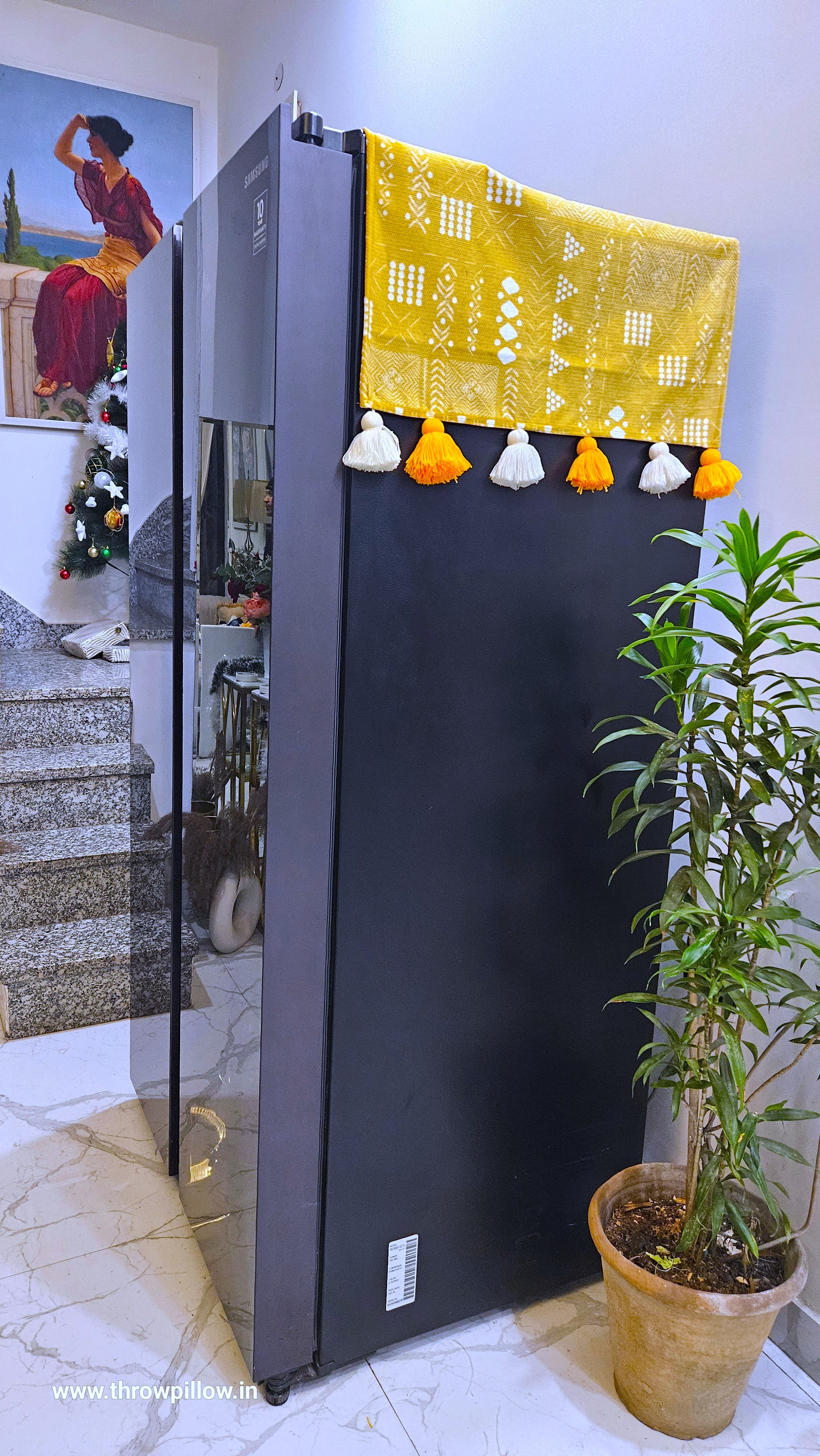 Mustard Tribal Fridge Cover with White & Yellow Tassels