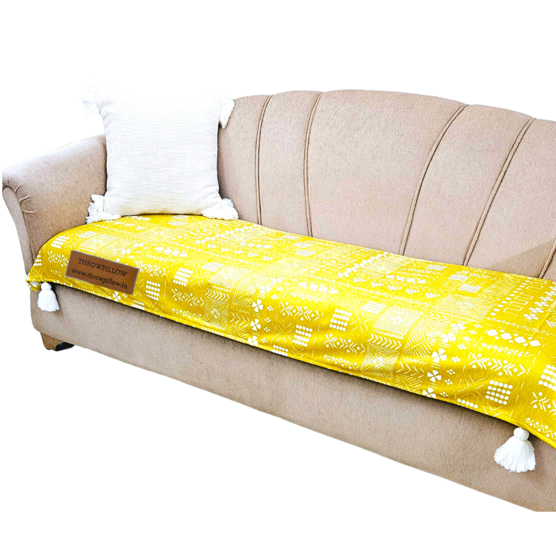Customisable 3 Seater Sofa Seat Cover Printed Mustard Tribal- Corner Tassel