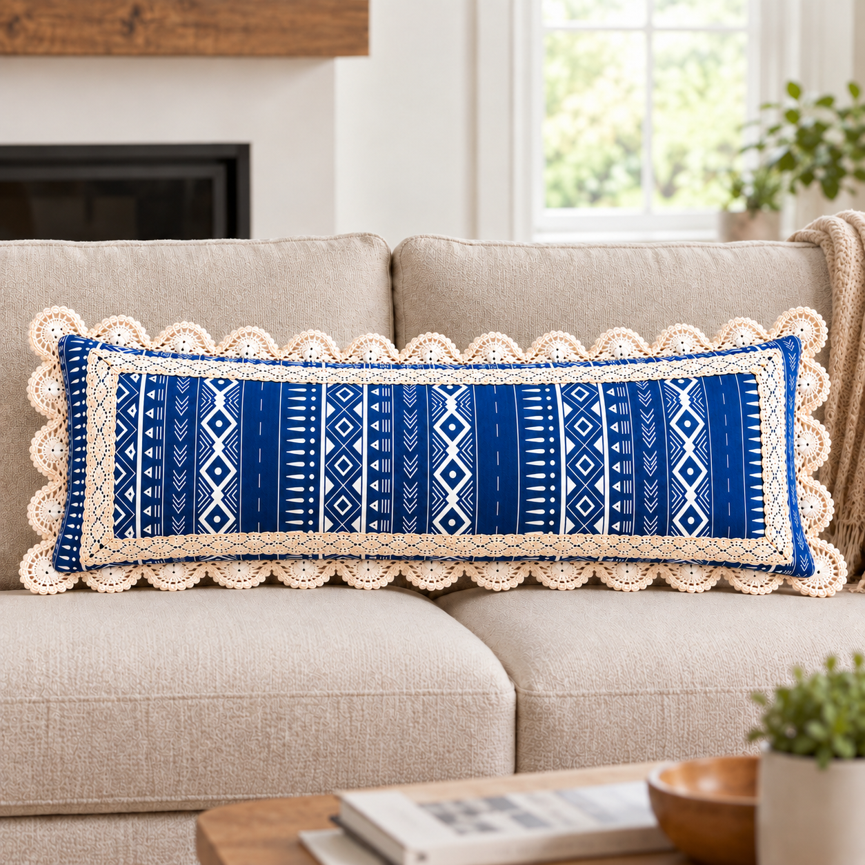 Navy Blue Tribal Crochet Boho Cushion 14x24 Inches| Rectangle