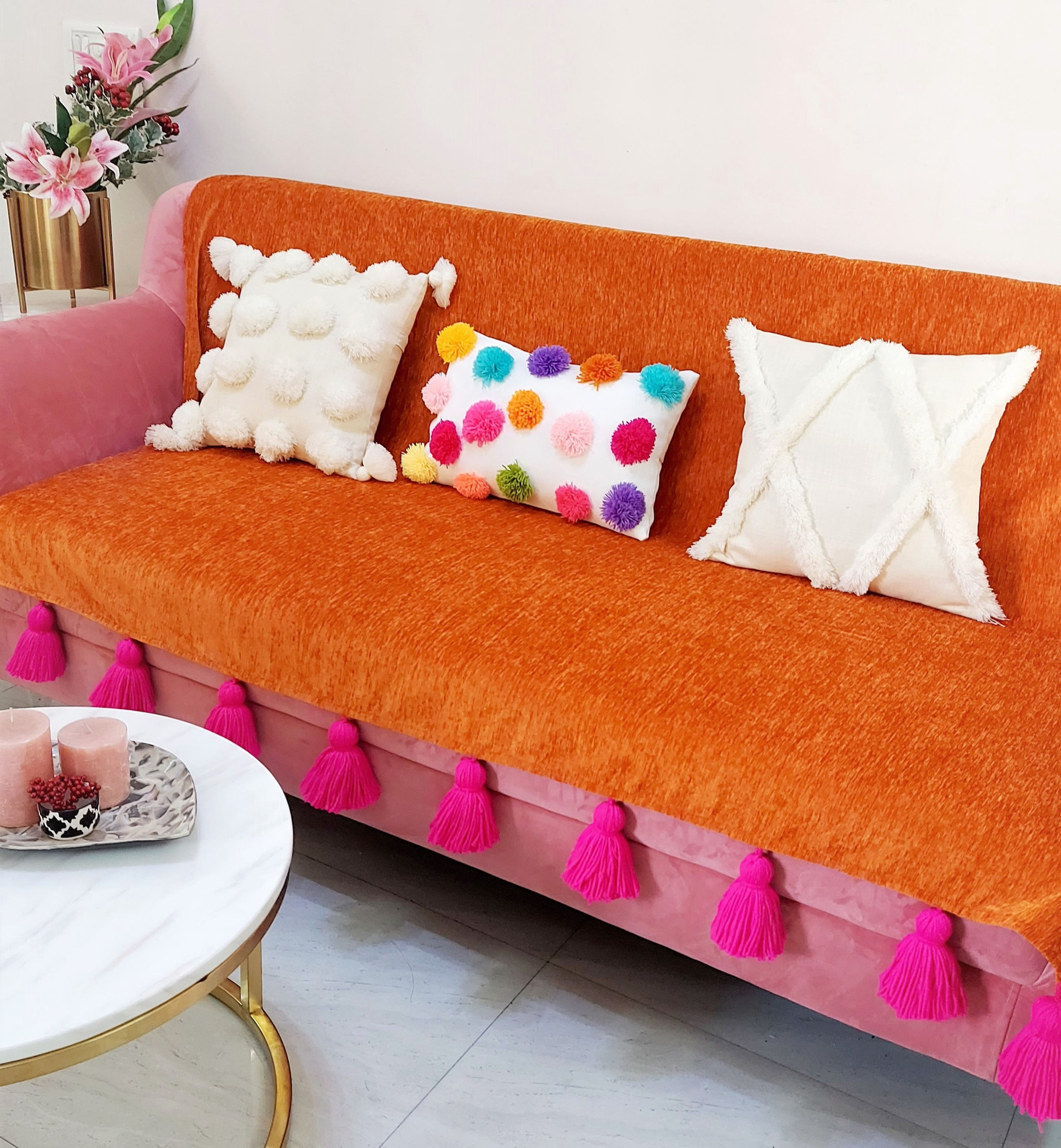 Three-Seater Sofa Cover: Customizable Orange Seat & Back Cover