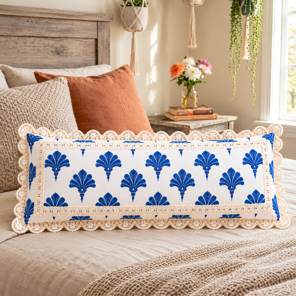 Blue & White Palm Leaf Crochet Lace Cushion Cover 14x36 Inches| Rectangle