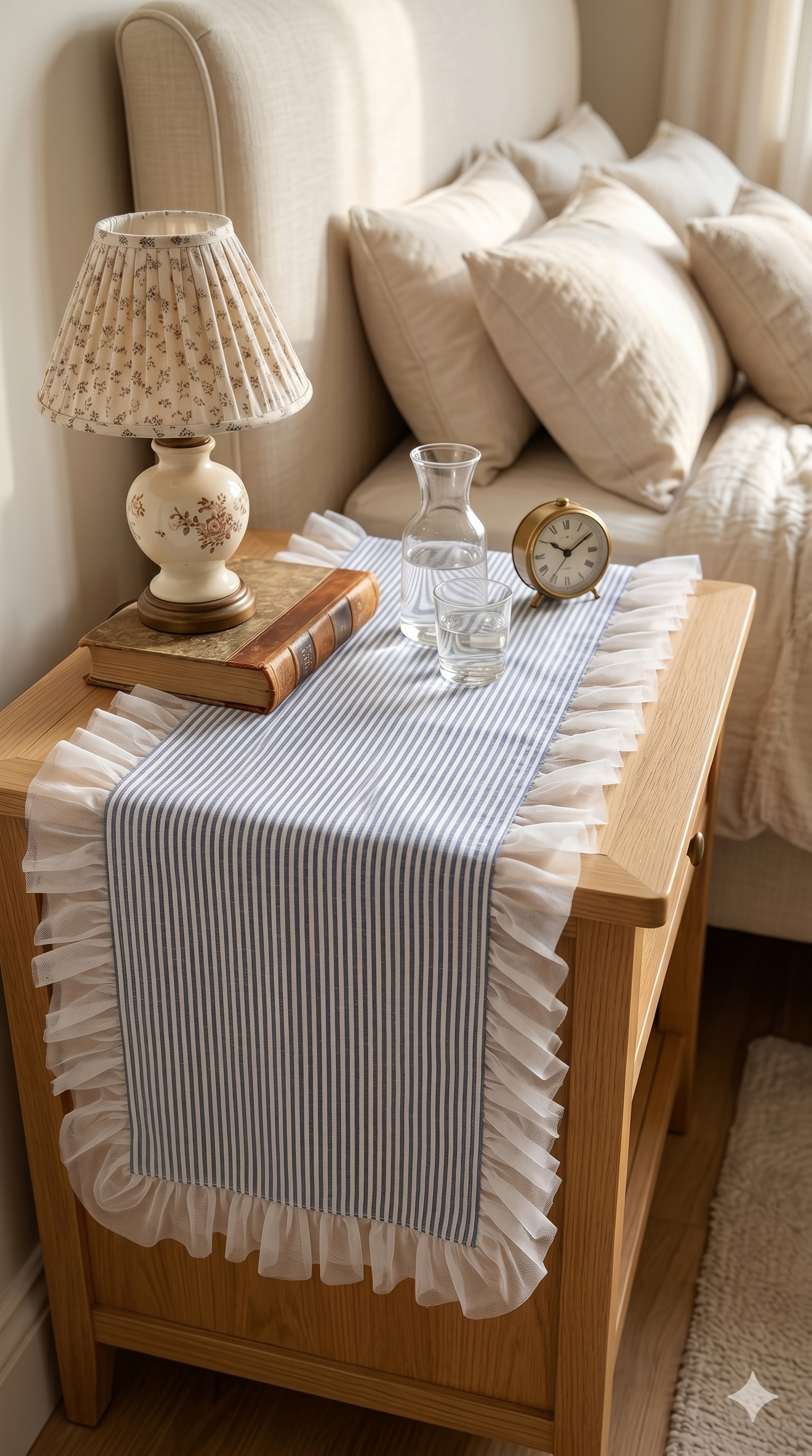 Blue-And White Stiped Table Runner |Nightstand, Bed Side Table Cabinet