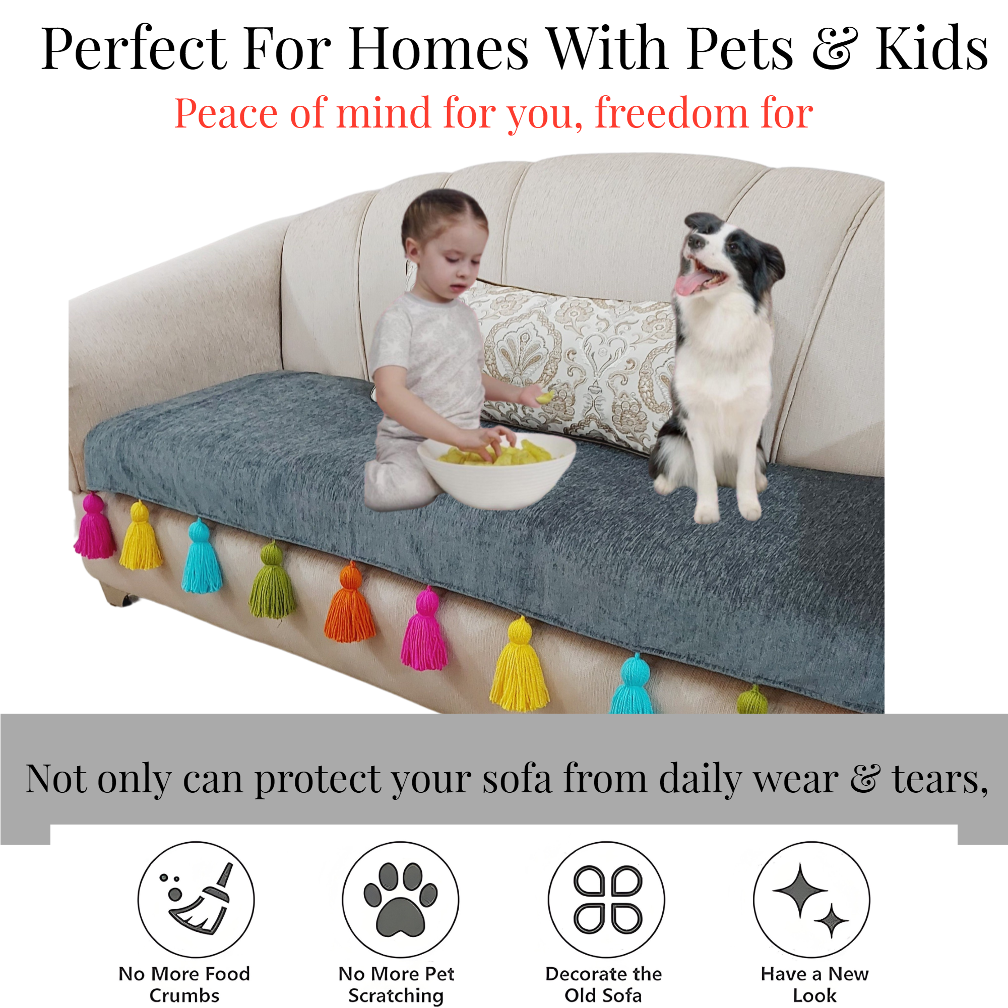 Three-Seater Sofa Cover: Customizable Dark Grey Seat & Back Cover