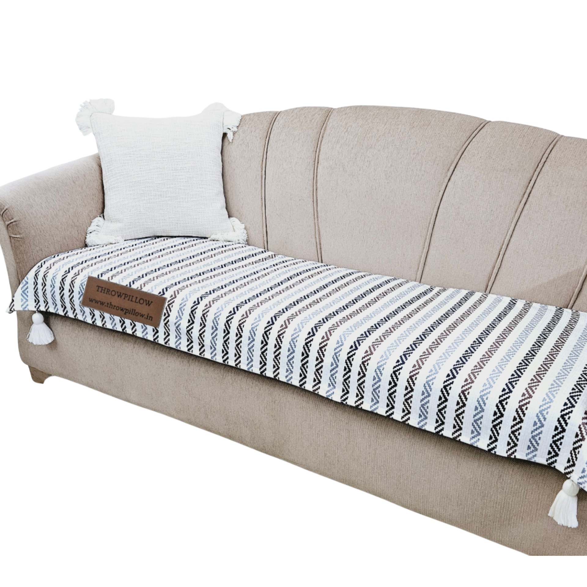 Customisable 3 Seater Sofa Seat Cover Printed Neutral Chevron -Corner Tassel