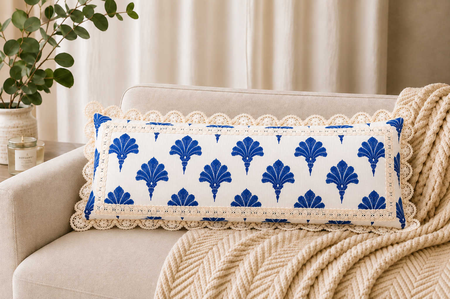 Blue & White Palm Leaf Crochet Lace Cushion Cover 14x36 Inches| Rectangle