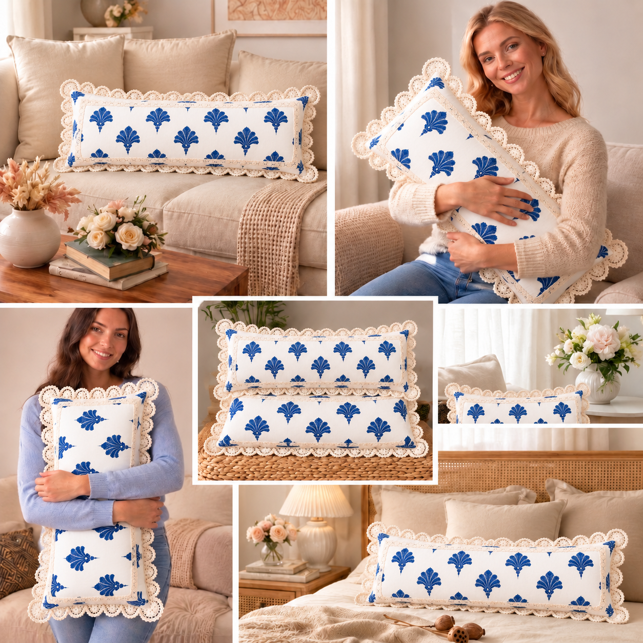 Blue & White Palm Leaf Crochet Lace Cushion Cover 14x36 Inches| Rectangle