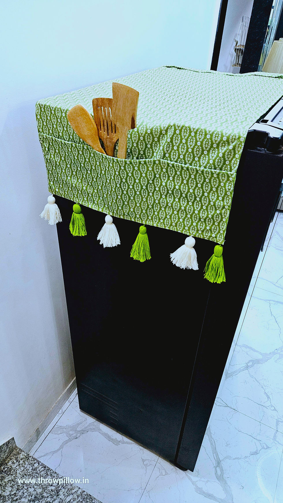 Thumbnail: Floral Zing and Green Fridge Cover with White & Green Tassels