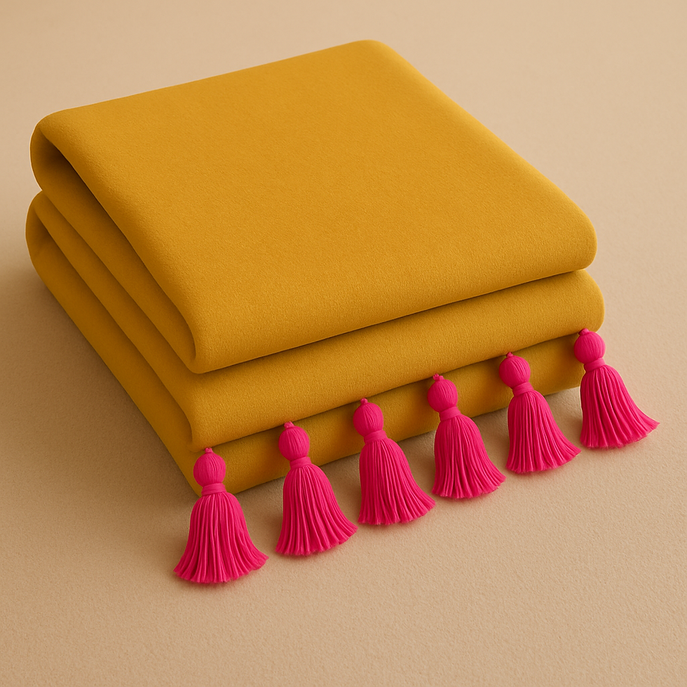 Close-up view of ochre throw with magnetic tassels attached to a swing, highlighting texture and detail