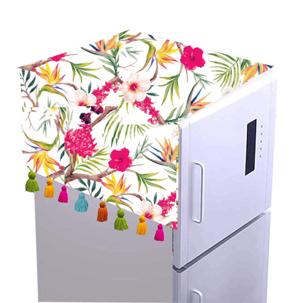 Thumbnail: Neutral Floral Fridge Cover with Multicolor Tassels