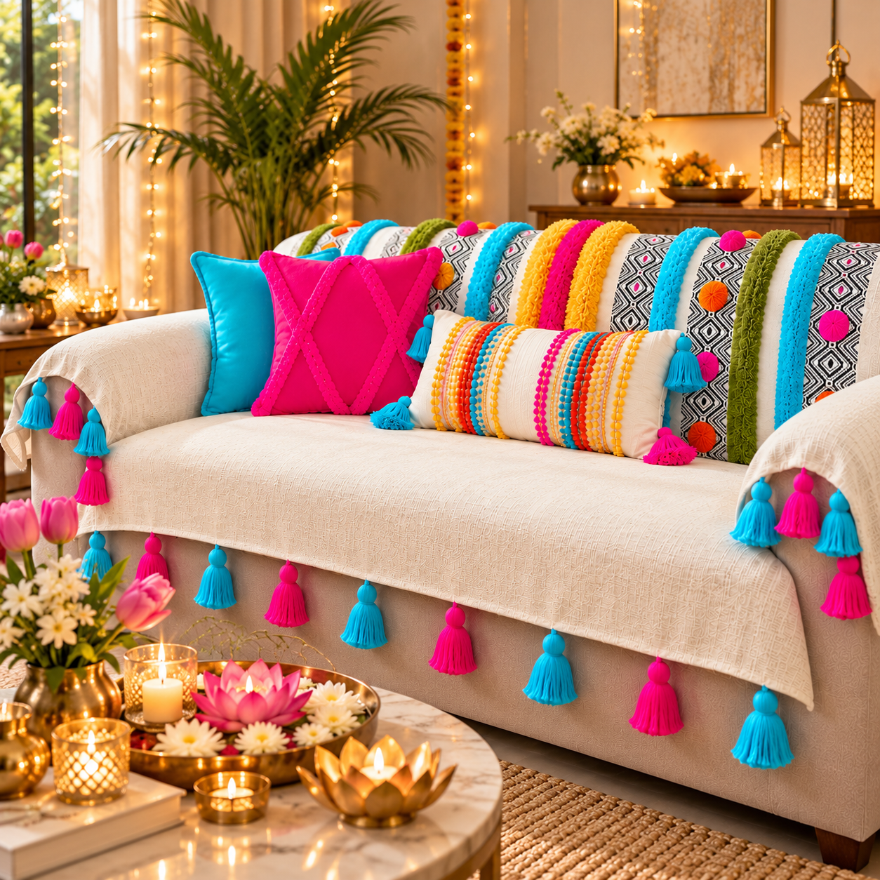 Neutral Moroccan 3 Seater Sofa Cover With Tassels|Diwali Living Room Dec