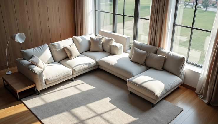 High angle view of a modern sectional L sofa in a spacious living room