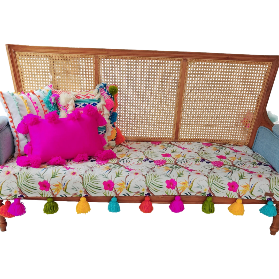 Neutral Tropical Floral Pattern Sofa Cover: Custom Made Tassel Sofa Seat Cover