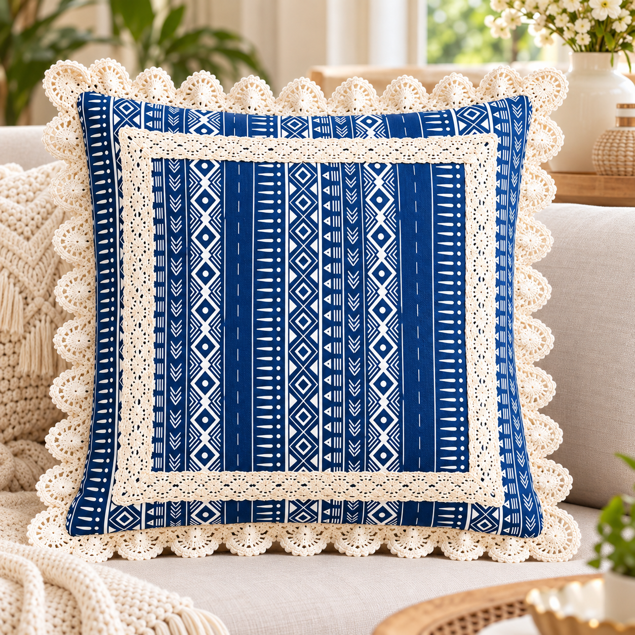 Navy Blue Tribal Crochet Boho Cushion 24x24 Inches| Square