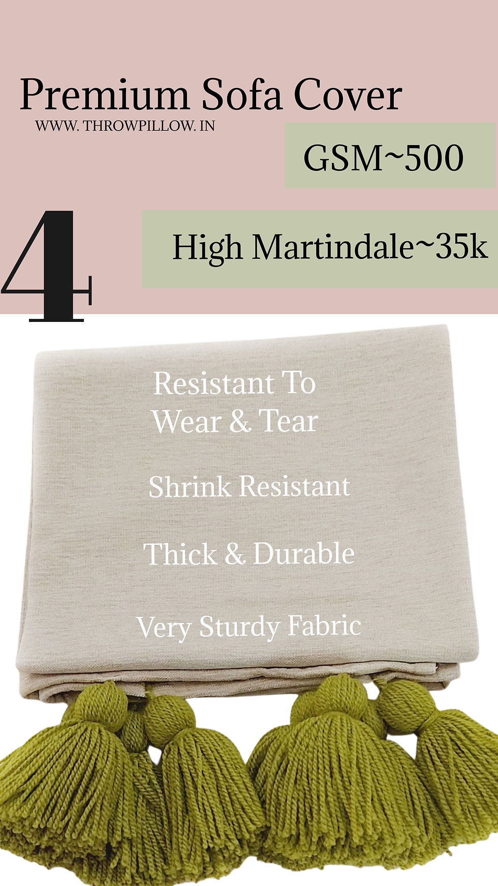 Миниатюра: Off white With Olive Green Tassels Corner L Shape Sofa Cover