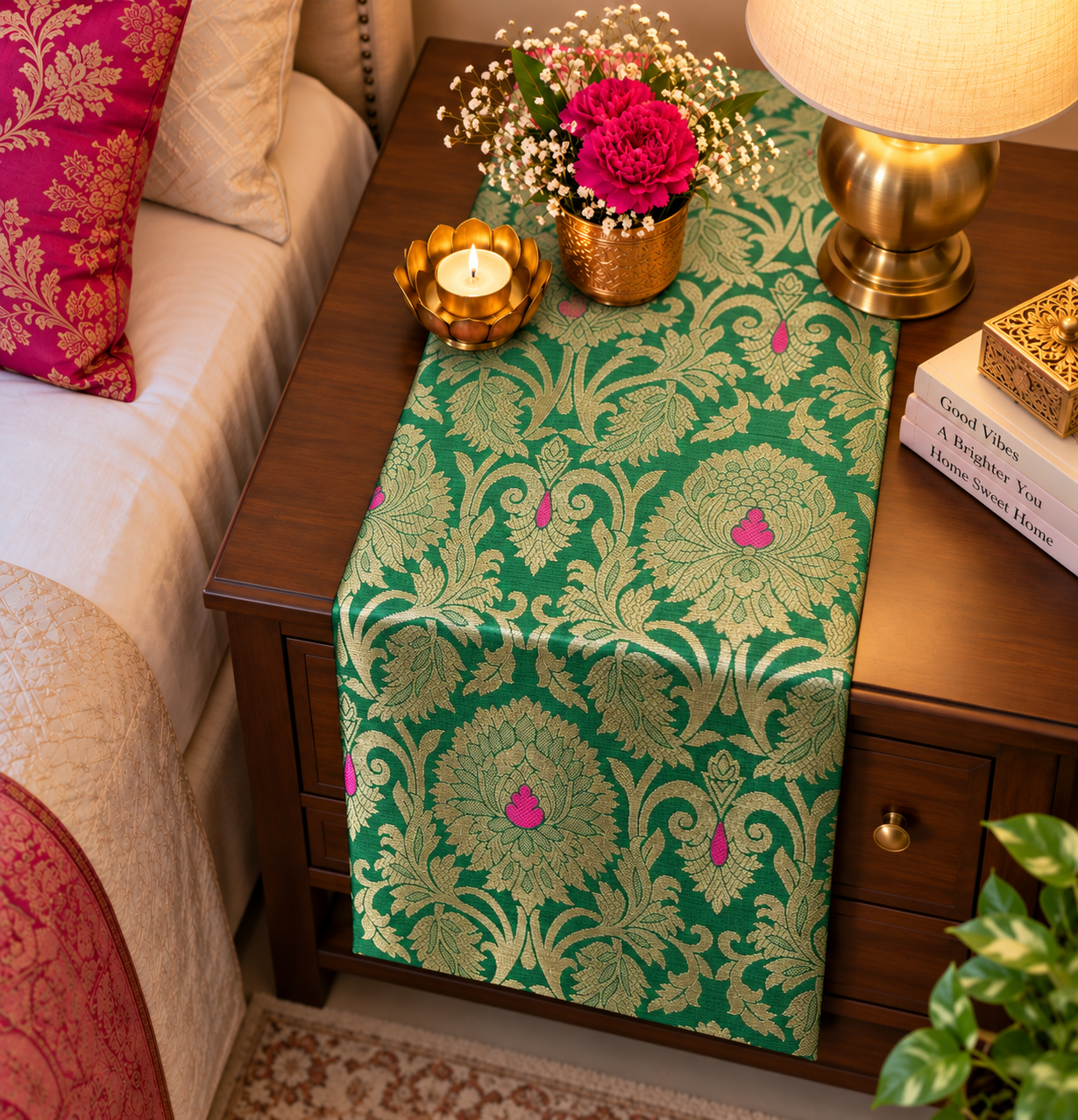 Green Brocade Tassel Table Runner 13x26" | Nightstand & Bedside D�cor