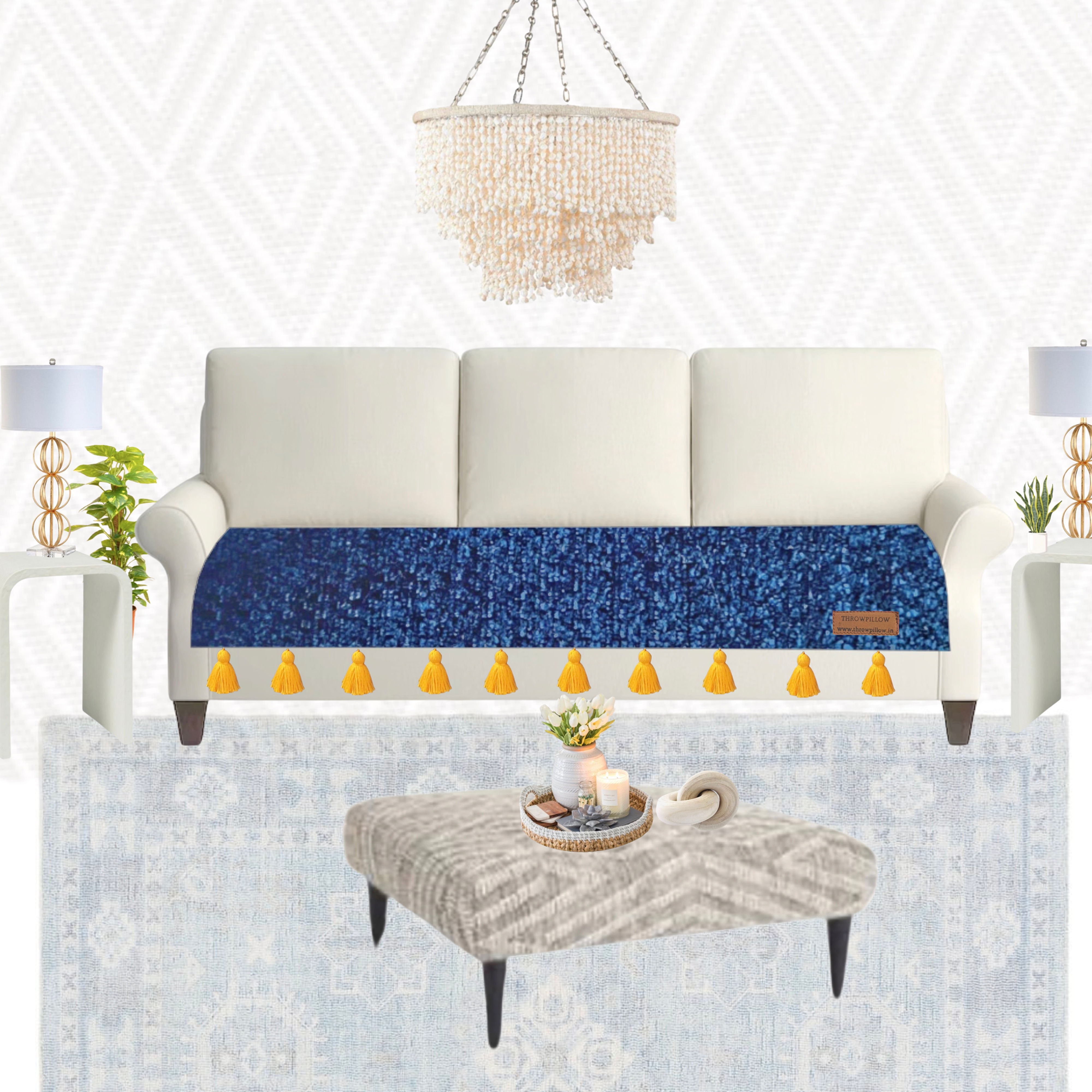 Three-Seater Sofa Cover: Customizable Durable Navy Blue Seat Cover With Tassels