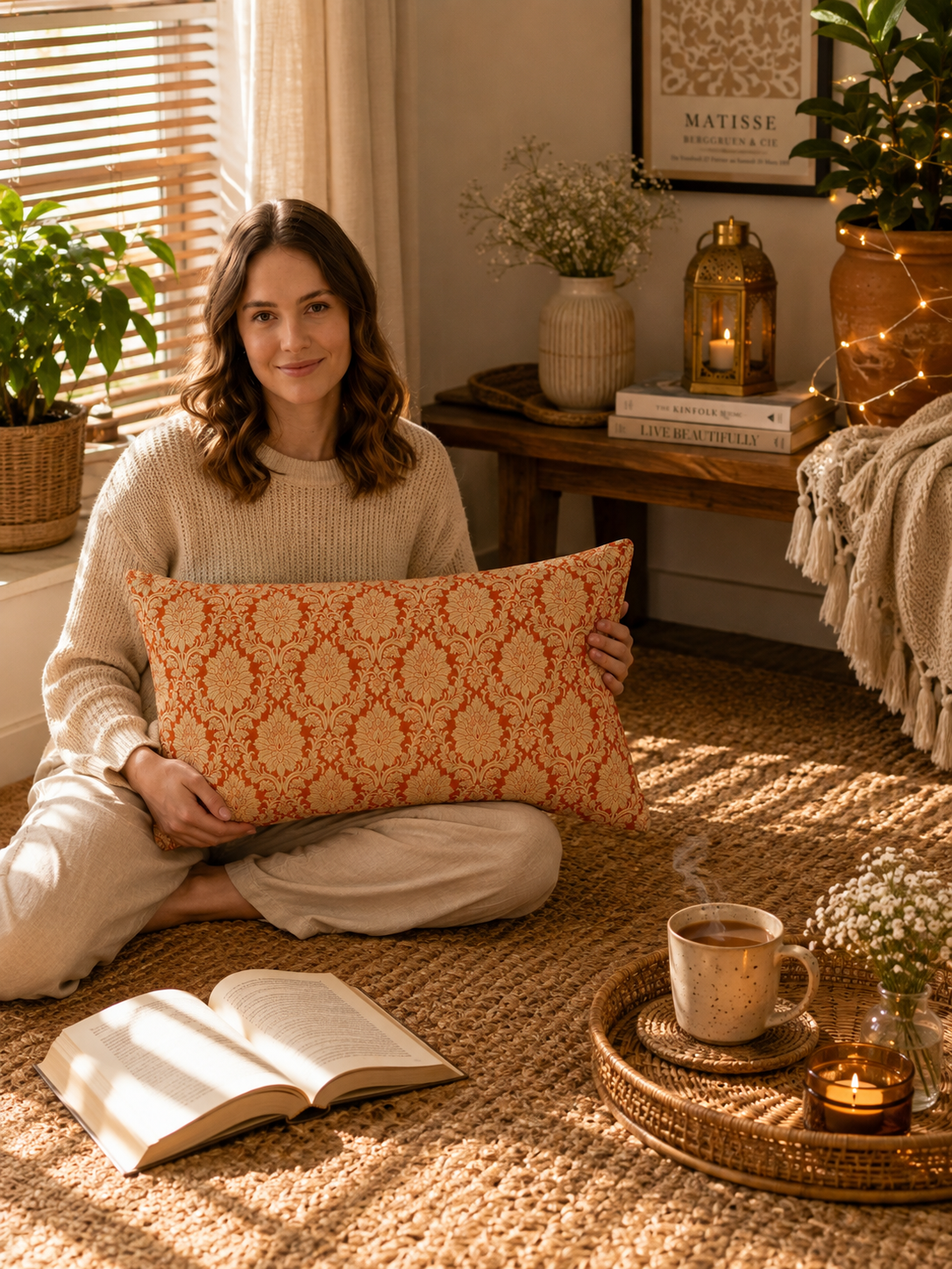Orange  Silk Brocade Cushion Cover 12x20 Inches| Rectangle