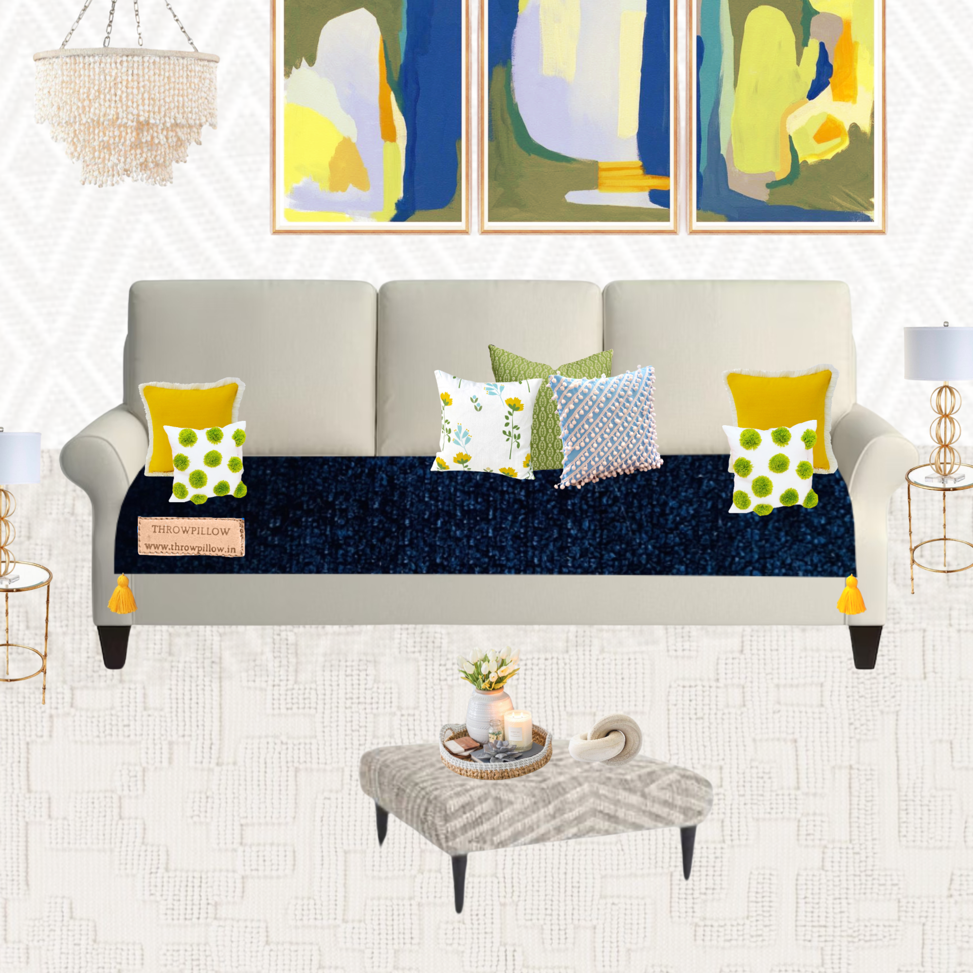 Customisable Solid Anti Slip 3 Seater Sofa Seat Cover- Corner Tassel