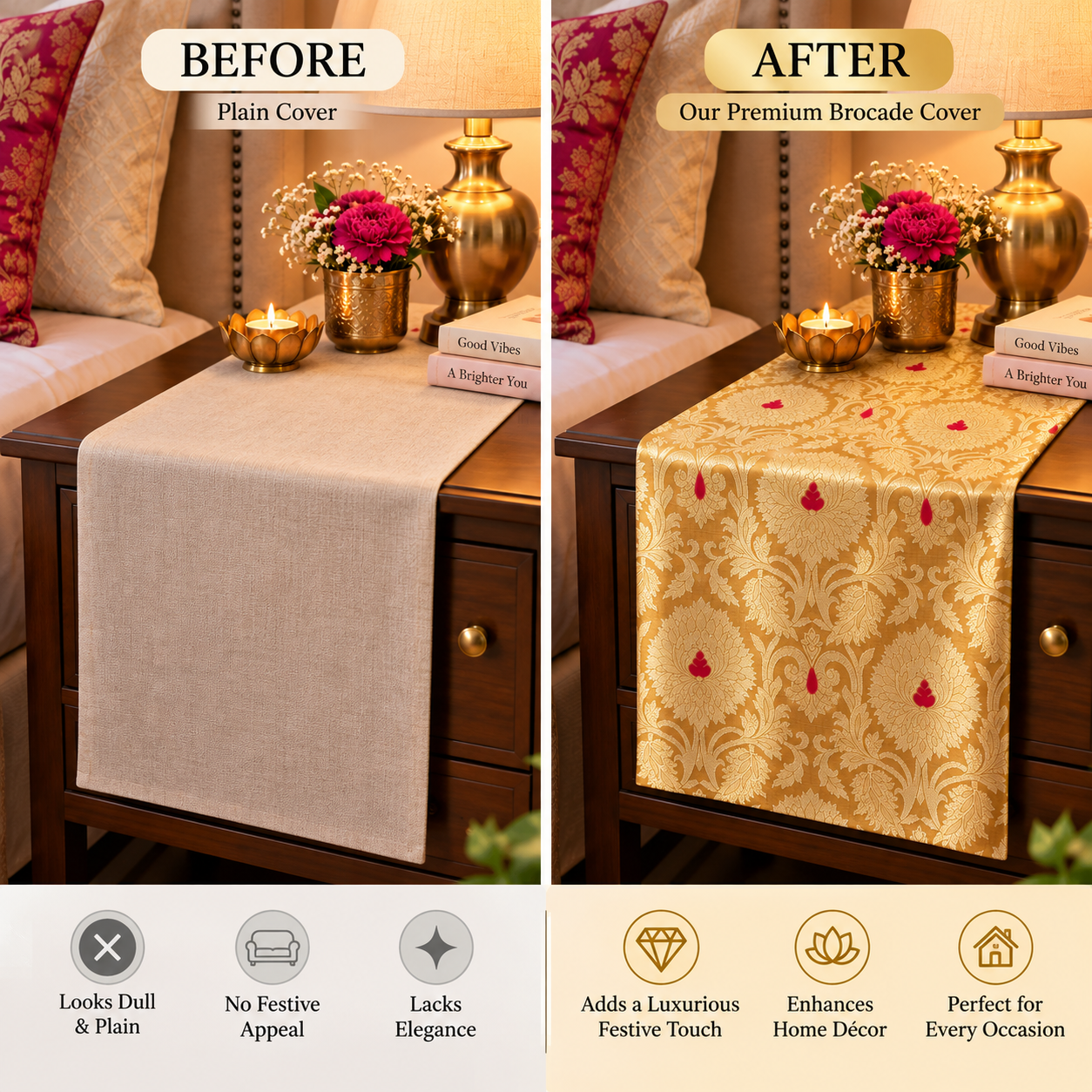 Golden Brocade Tassel Table Runner 13x26" | Nightstand & Bedside D�cor