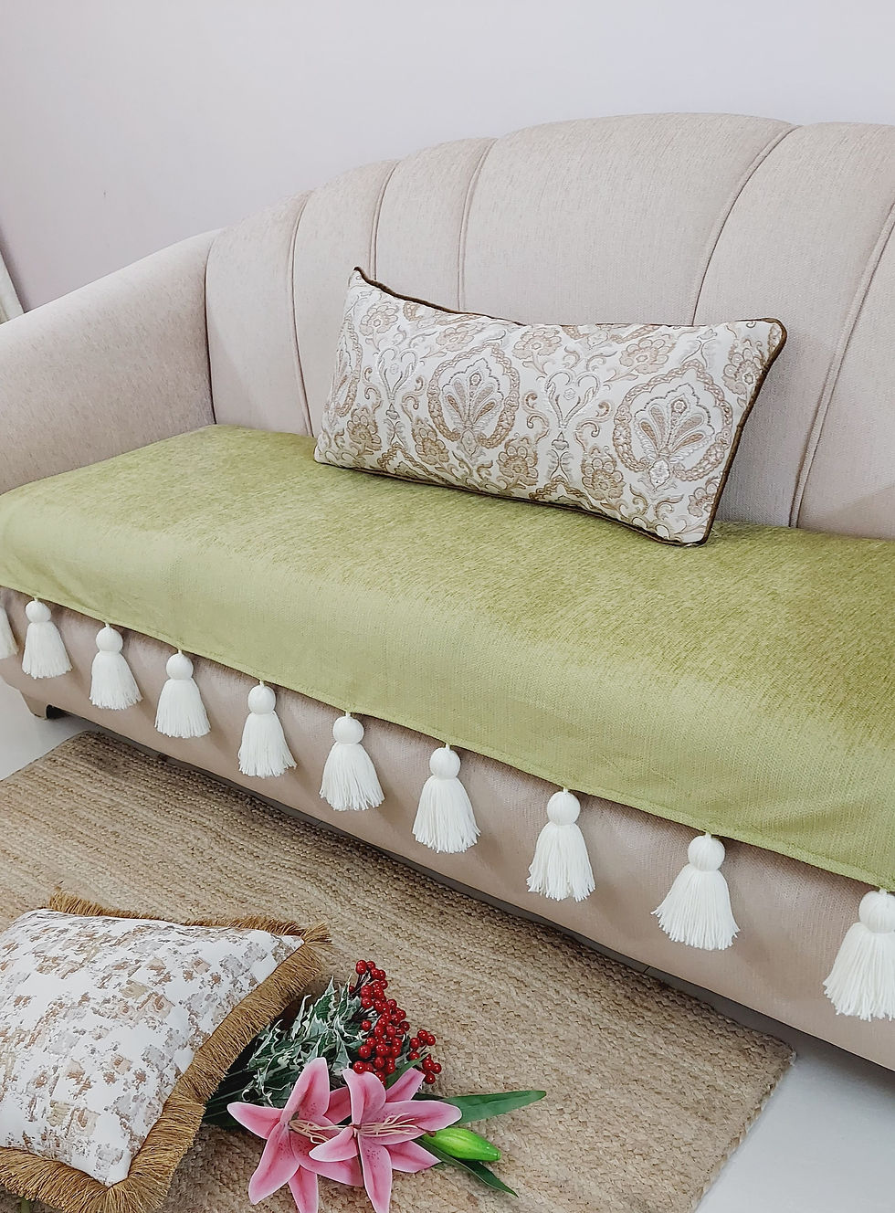 Thumbnail: Three-Seater Sofa Cover: Customizable Durable Olive Green Seat Cover With Tassel