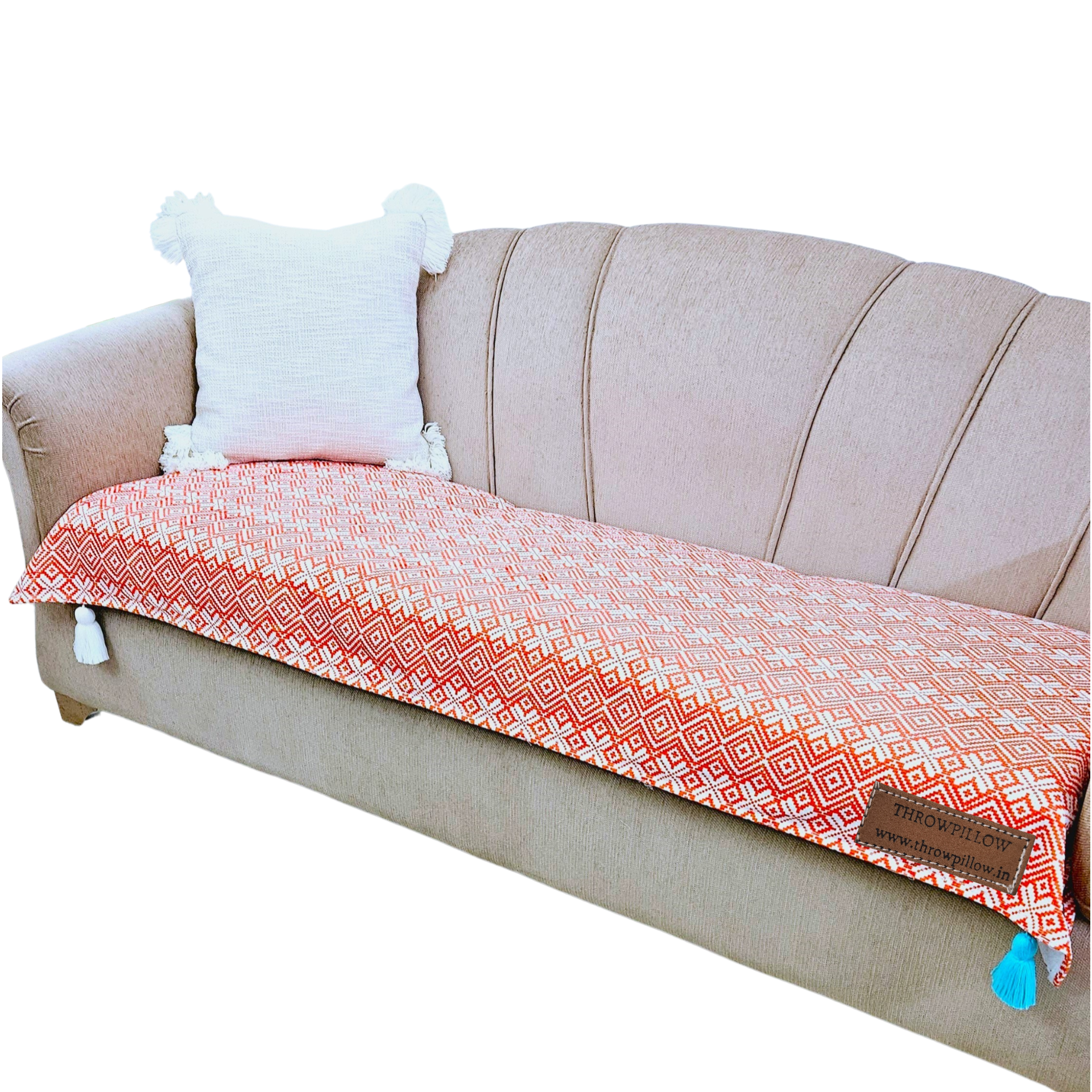 Customisable 3 Seater Sofa Seat Cover Printed Orange Aztec- Corner Tassel