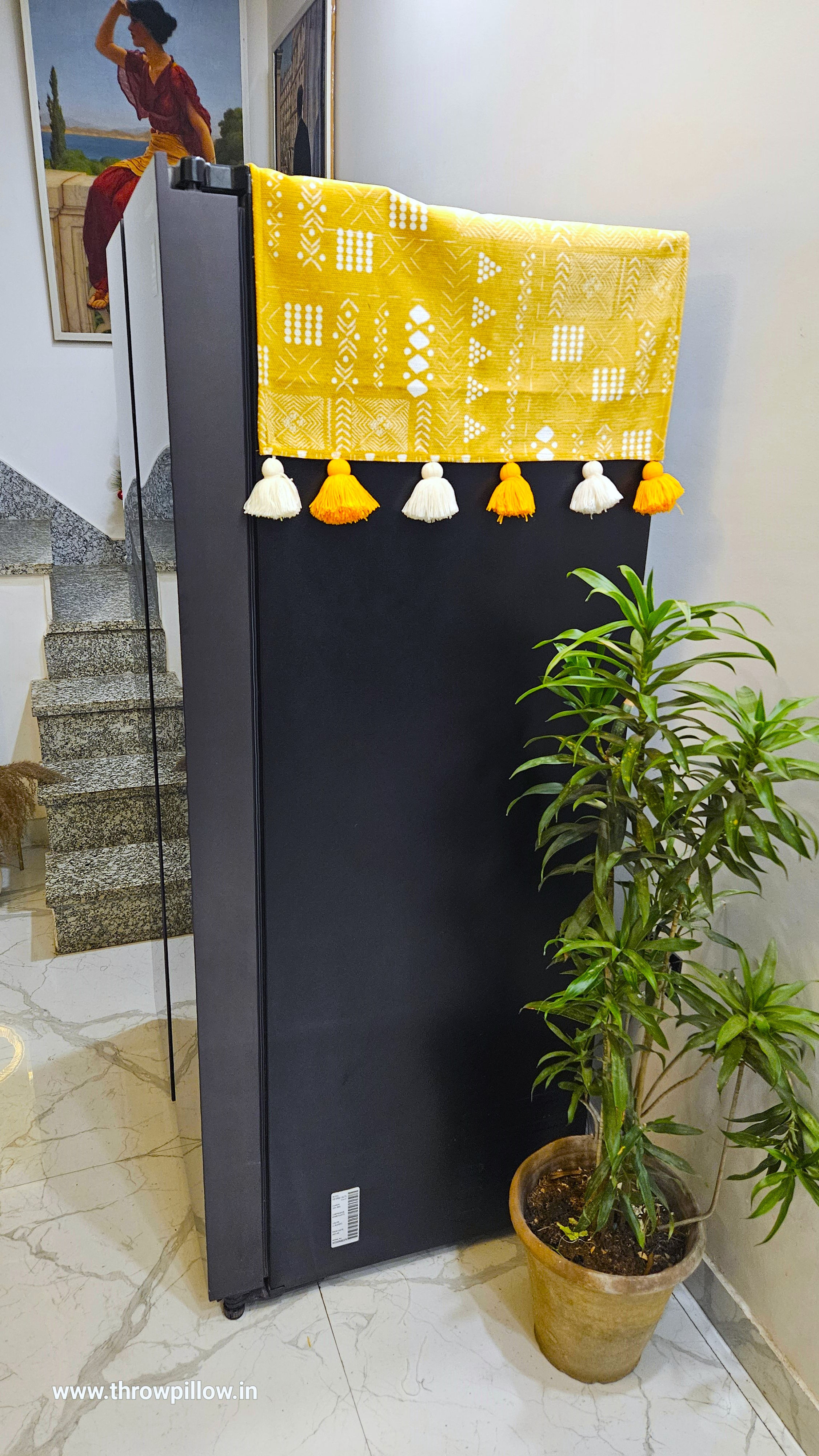 Mustard Tribal Fridge Cover with White & Yellow Tassels