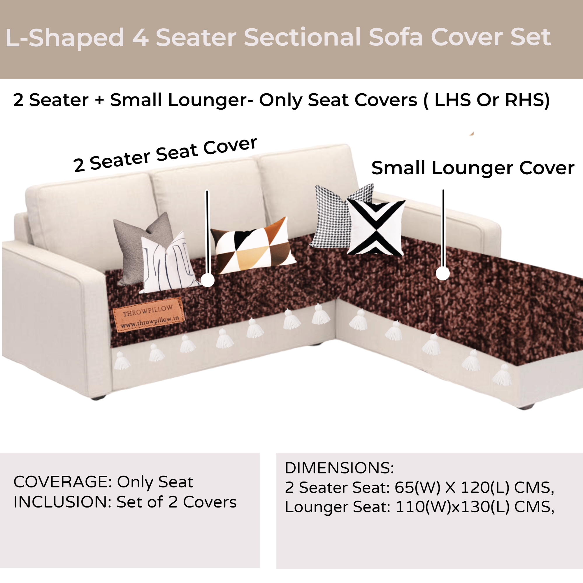 Sofa Cover For LShaped Sofa-Lounger Set Dark Brown Sofa Cover With White Tassel