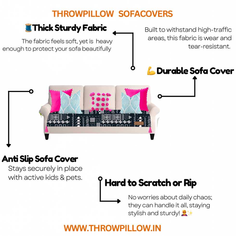 Thumbnail: Customisable 3 Seater Sofa Seat Cover Printed Black Tribal -Corner Tassel