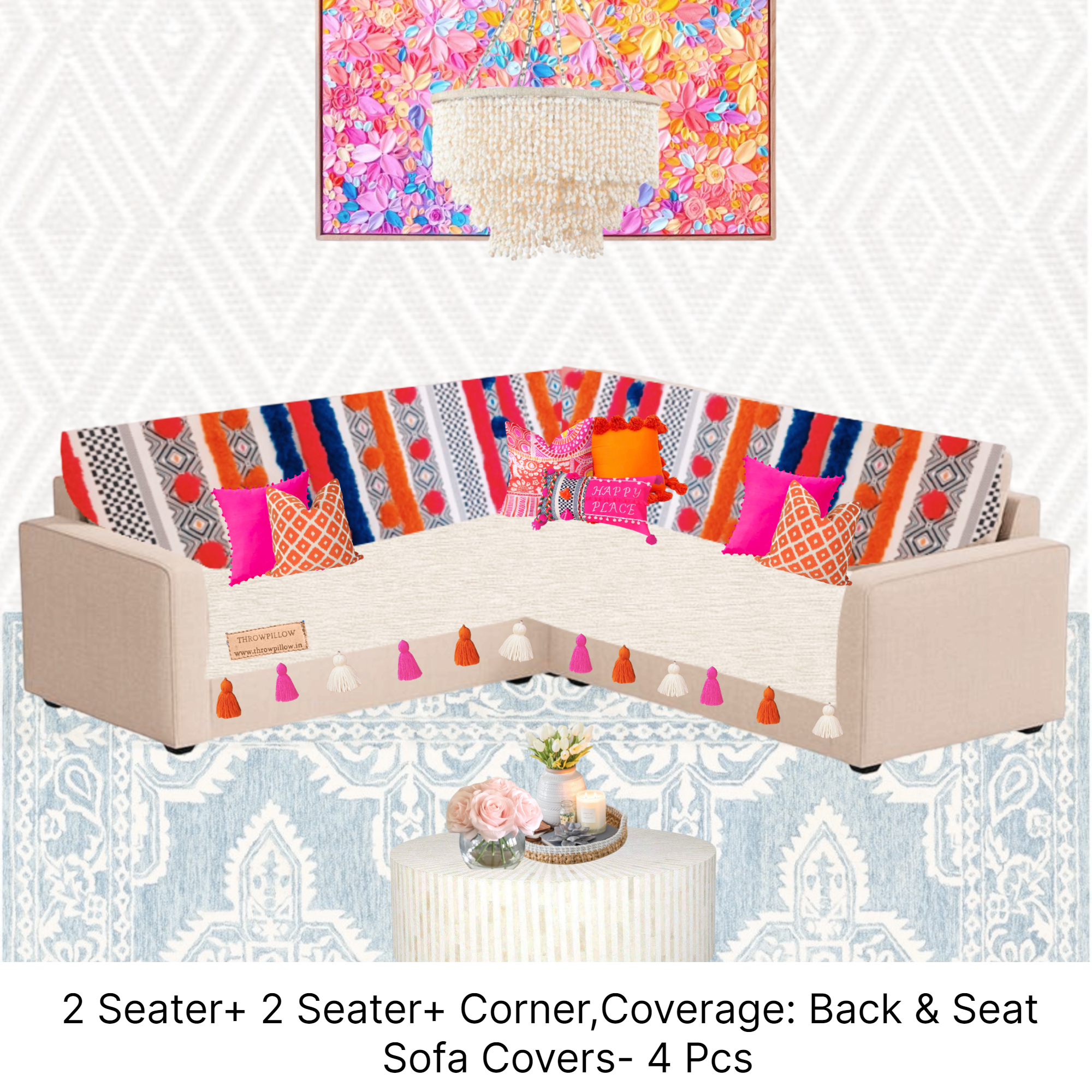 Neutral L-Shaped Corner Sofa Cover, Boho Sofa Cover With Tassels