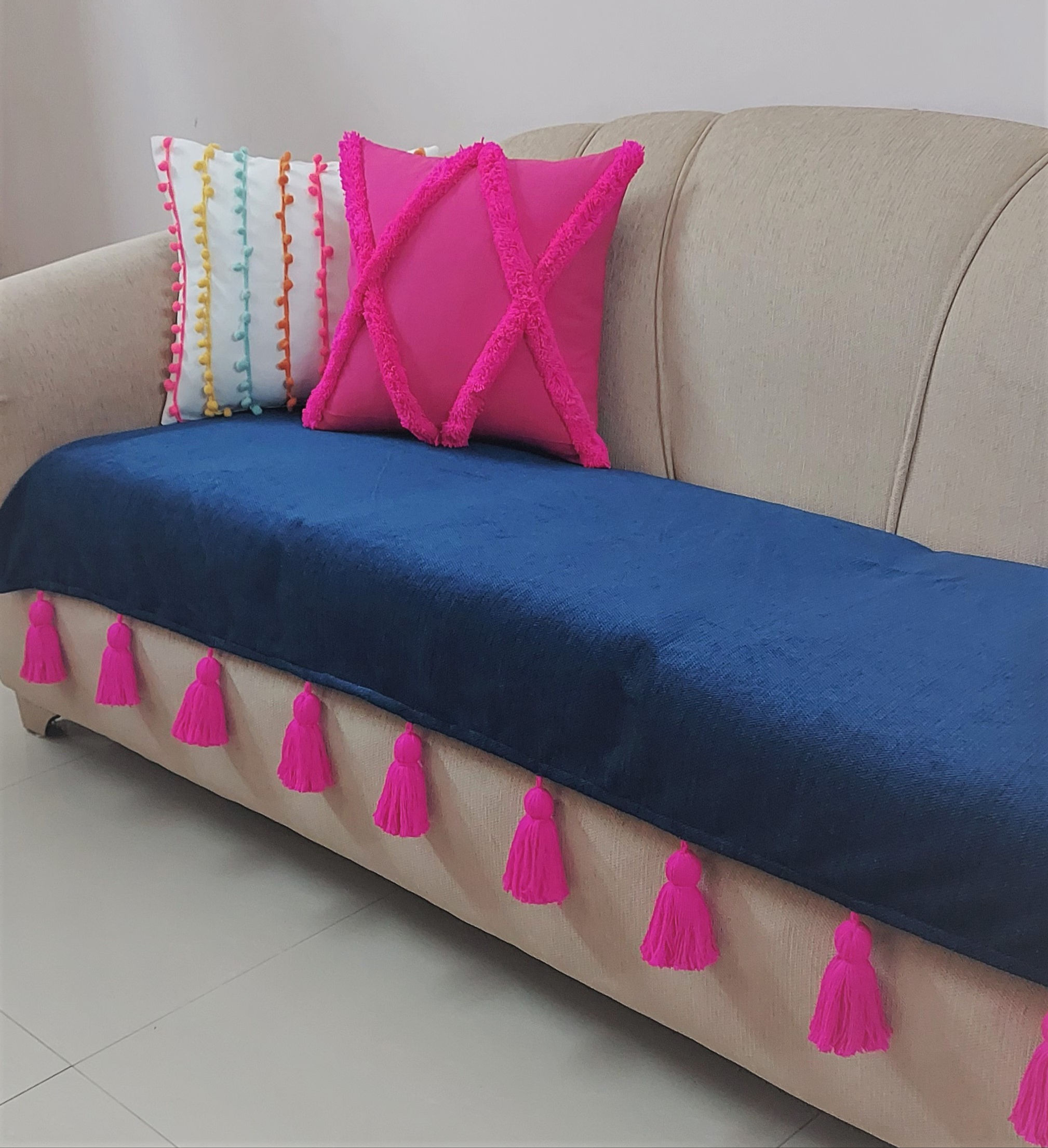 Three-Seater Sofa Cover: Customizable Durable Navy Blue Seat Cover With Tassels