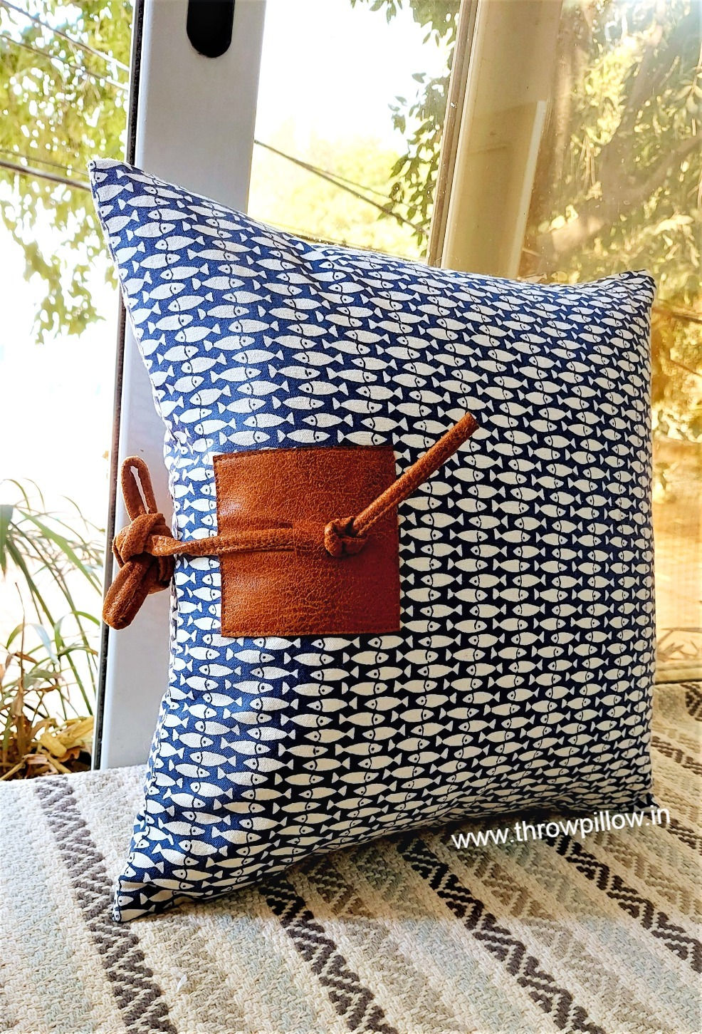 Cobalt Blue Fish School Cushion Cover with Leather Decorative Patchwork
