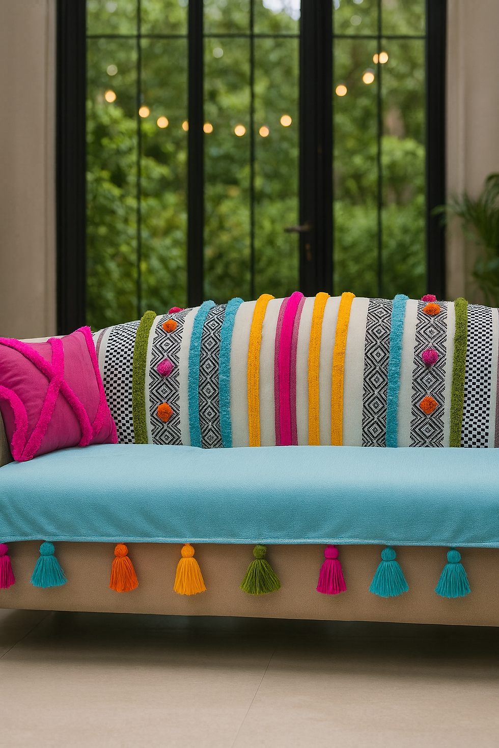 Thumbnail: Two-Seater Designer Trendy Ice Blue Bohemian Custmisable Sofa Cover Set