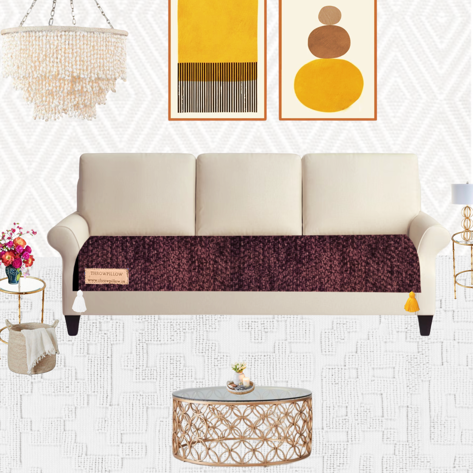 Customisable Solid Anti Slip 3 Seater Sofa Seat Cover- Corner Tassel