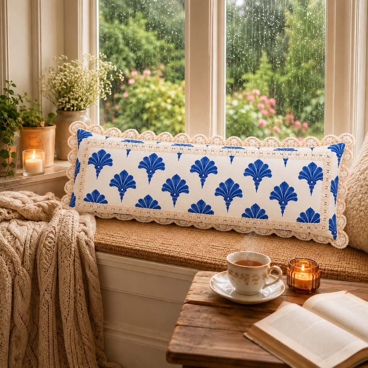 Blue & White Palm Leaf Crochet Lace Cushion Cover 14x36 Inches| Rectangle