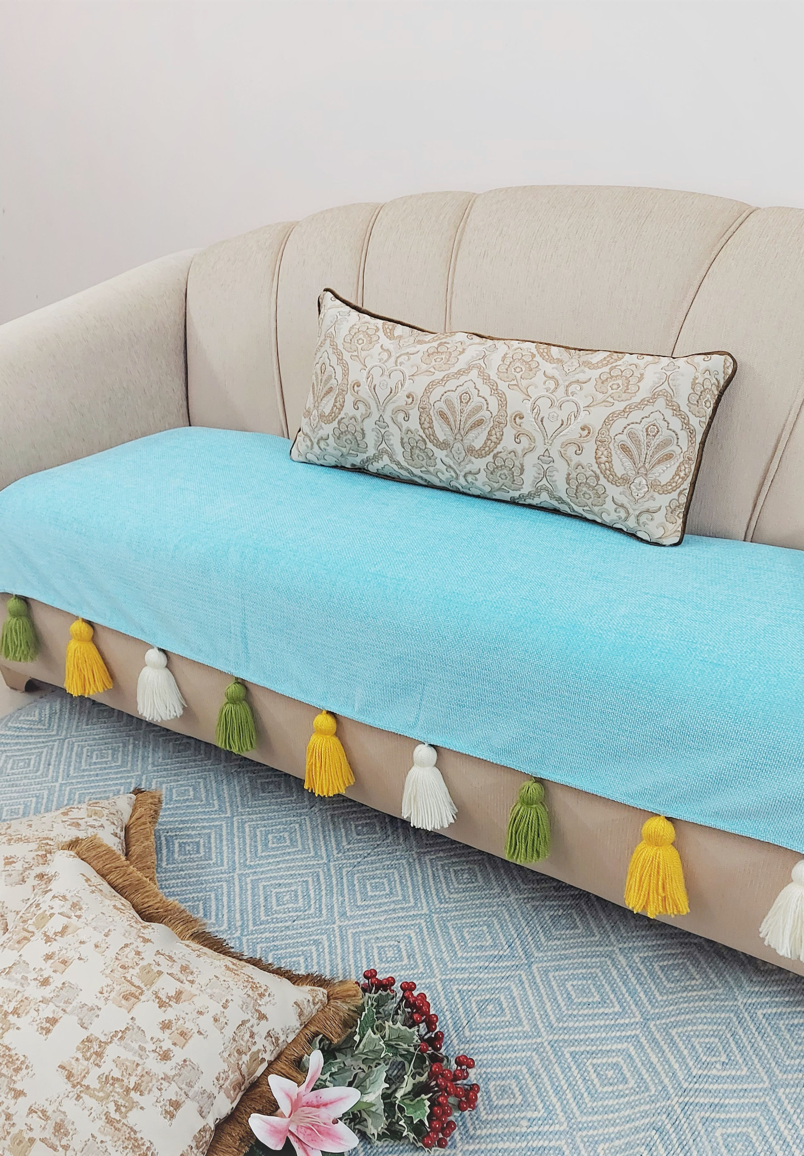 Three-Seater Sofa Cover: Customizable Durable Ice Blue Seat Cover With Tassels