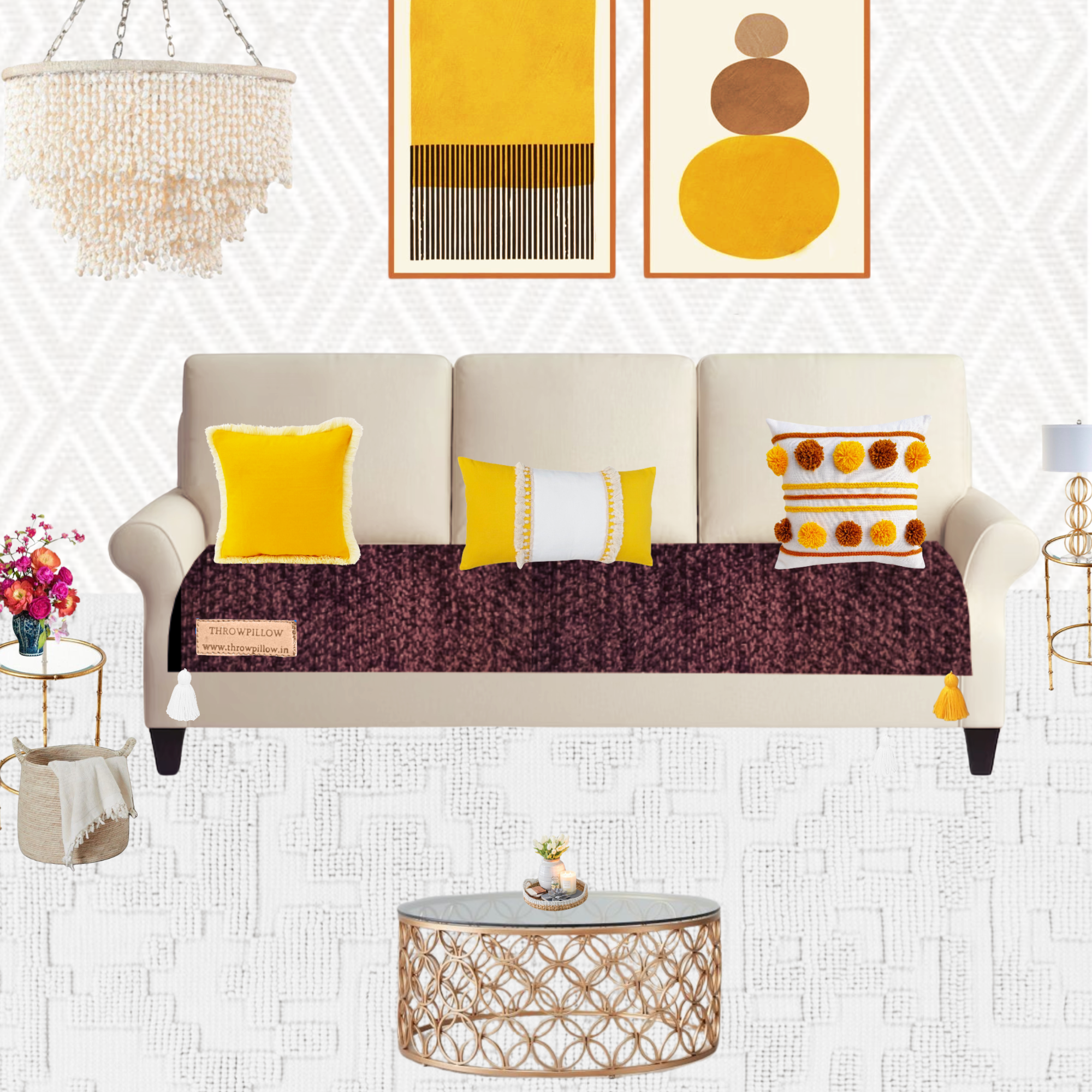 Customisable Solid Anti Slip 3 Seater Sofa Seat Cover- Corner Tassel