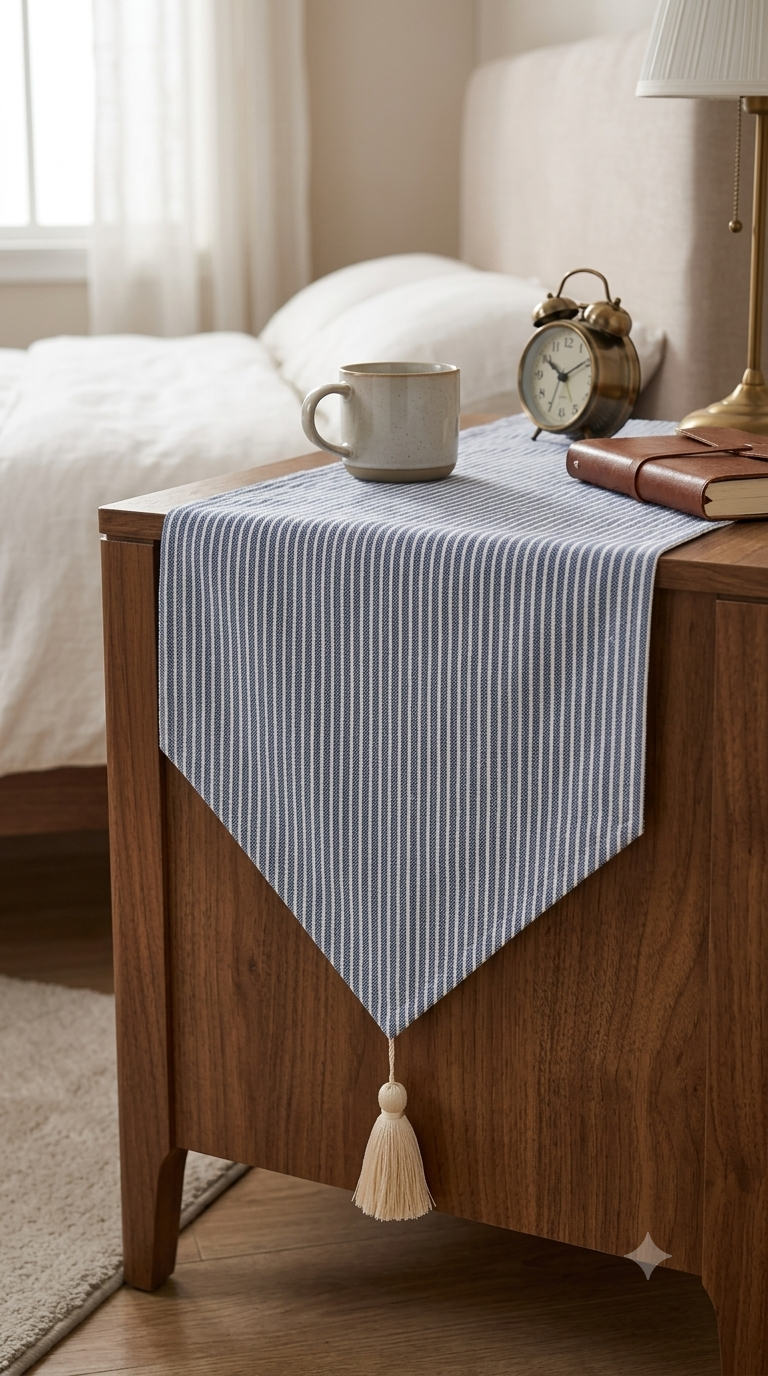थंबनेल: Blue-And White Stiped Table Runner |Nightstand, Bed Side Table Cabinet