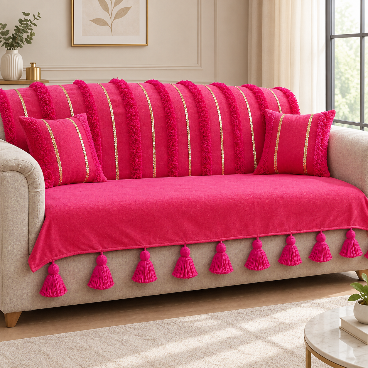 Fuchsia Pink Boho 3  Seater Sofa Cover With Tassels|Diwali Livin