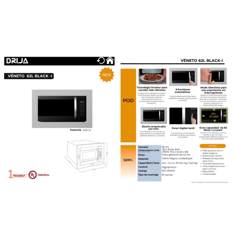 Miniatura: Horno microondas empotrable Véneto 62L black